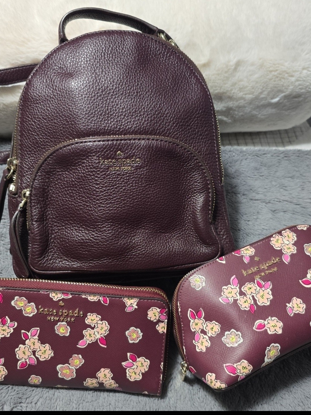 Kate Spade Burgundy Leather Backpack with Floral Wallet and Pouch
